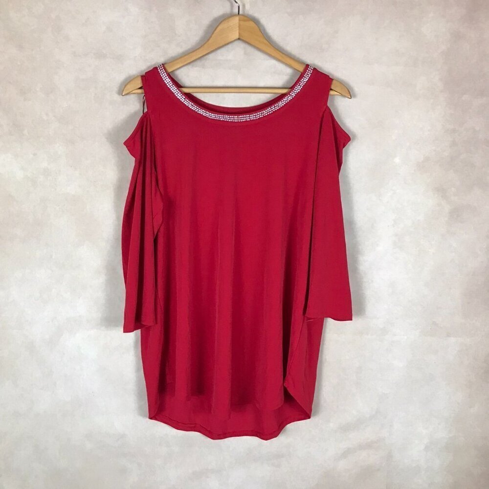 JM COLLECTION Red Cold-Shoulder Studded Knit Top NEW 0X - Picture 10 of 14